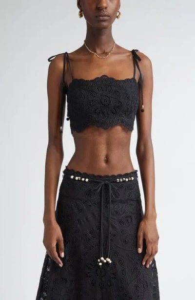 Zimmermann Rhiannon Tie Strap Silk Guipure Lace Crop Top In Black Paisley