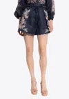 Zimmermann Rhiannon Tuck Printed Linen Shorts In Blue