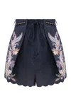 Zimmermann Rhiannon Blue Shorts With Removable Belt And Floral Embroidery On The Side In Linen Woman In Blue