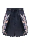 Zimmermann Rhiannon Blue Shorts With Removable Belt And Floral Embroidery On The Side In Linen Woman In Blue