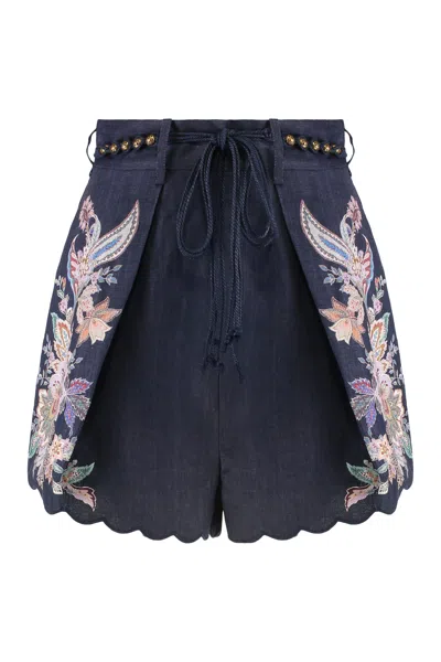 Zimmermann Rhiannon Tuck Printed Linen Shorts In Blue