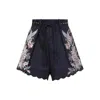 Zimmermann Pleated Floral-print Shorts With Scalloped Hem And Rope Waist Belt In Blue