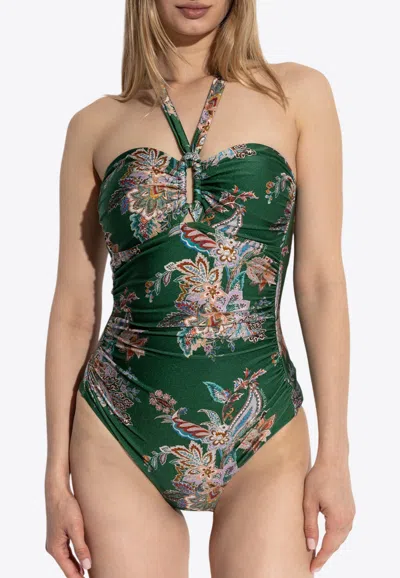 Zimmermann Rhiannon Wide Link Floral One-piece Swimsuit In Green
