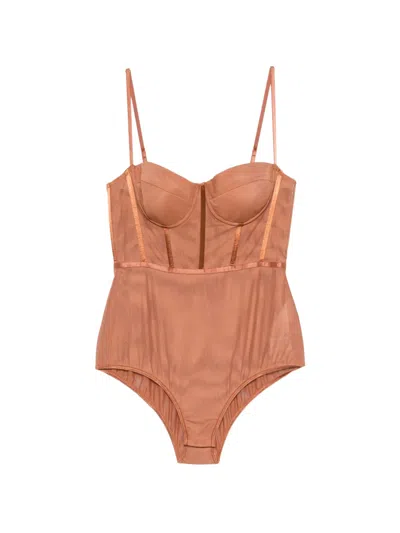 Zimmermann Ribbon-trim Corset Bodysuit In Brown