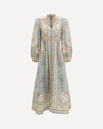 Zimmermann Womens Blue Tapestry Floral Roselight Plunge Linen Midi Dress Xs In Multi