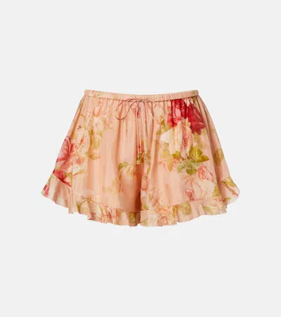 Zimmermann Roselight Floral Ruffled Silk Shorts In Pink