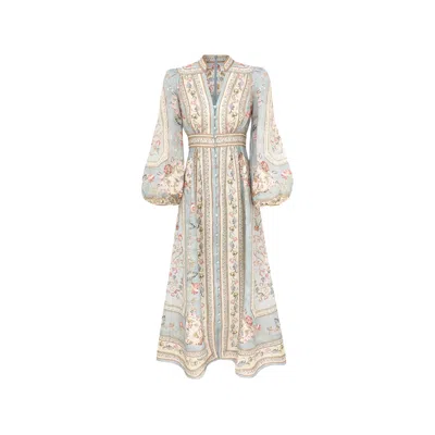 Zimmermann Womens Blue Tapestry Floral Roselight Plunge Linen Midi Dress Xs In Multi