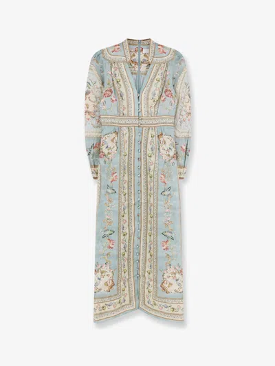 Zimmermann Womens Blue Tapestry Floral Roselight Plunge Linen Midi Dress Xs In Multi