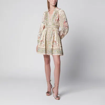 Zimmermann Linen Floral-print Plunging V-neck Long-sleeve Mini Dress In Multi