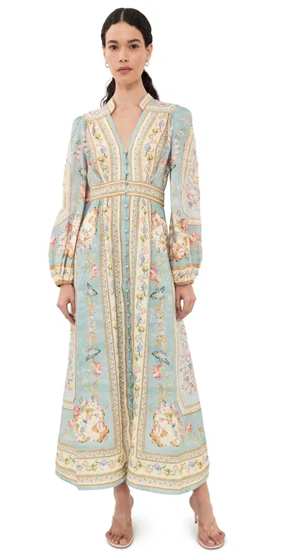Zimmermann Womens Blue Tapestry Floral Roselight Plunge Linen Midi Dress Xs In Multi