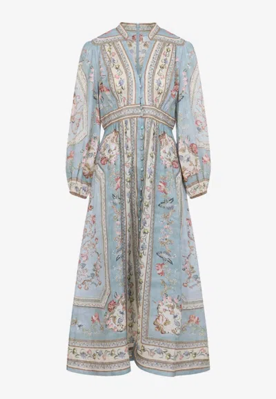 Zimmermann Womens Blue Tapestry Floral Roselight Plunge Linen Midi Dress Xs In Multi