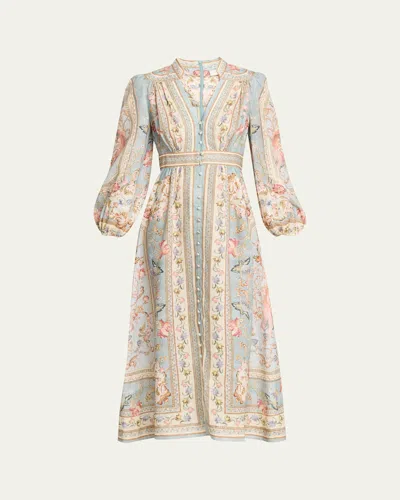 Zimmermann Womens Blue Tapestry Floral Roselight Plunge Linen Midi Dress Xs In Multi