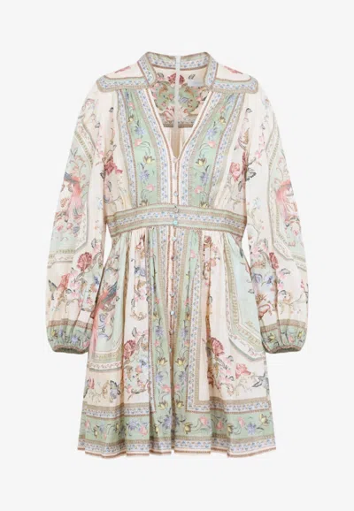 Zimmermann Roselight Plunge Neck Floral Mini Dress In Multicolor