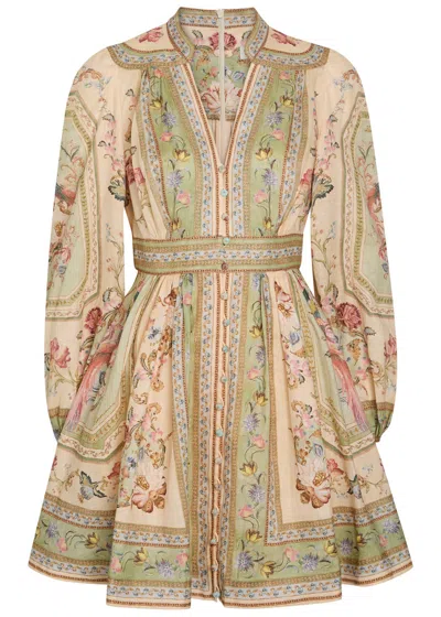 Zimmermann Roselight Printed Linen Mini Dress In Green