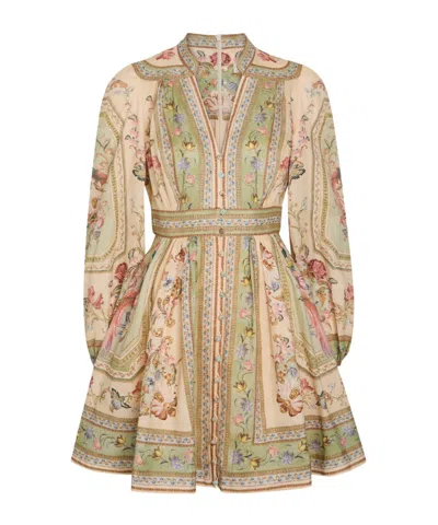 Zimmermann Roselight Printed Linen Mini Dress In Nude