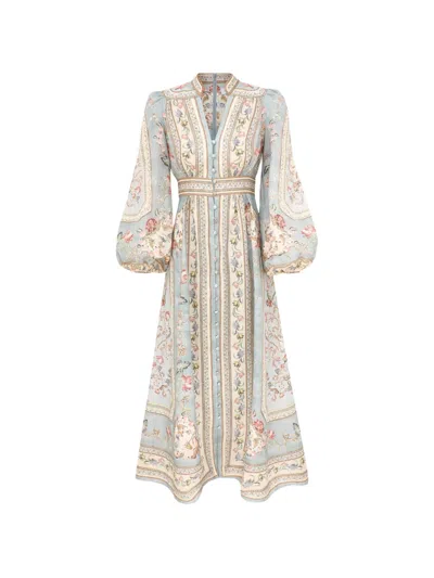 Zimmermann Womens Blue Tapestry Floral Roselight Plunge Linen Midi Dress Xs In Multi