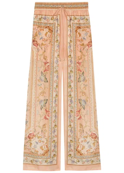 Zimmermann Roselight Printed Wide-leg Silk Trousers In Nude