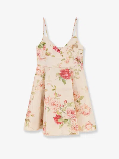Zimmermann Roselight Short Linen Dress With Floral Print In White