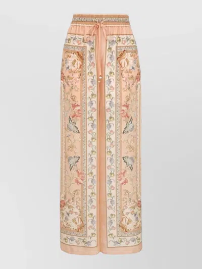 Zimmermann Roselight Silk Wide Leg Floral Trousers In Neutral
