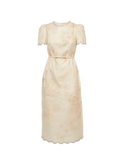 Pre-owned Zimmermann Rose-print Crystal-embellished Midi Dress In Pink