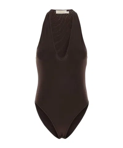 Zimmermann Luna Plunge Bodysuit In Brown
