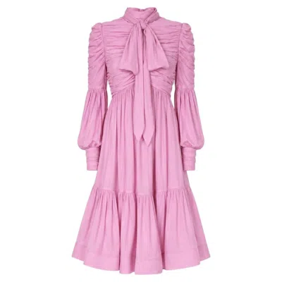 Pre-owned Zimmermann Ruched Blouson Sleeve Neck-tie Dress In Purple