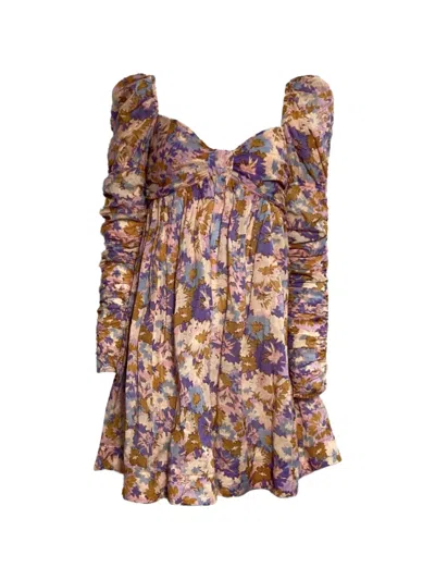 Pre-owned Zimmermann Ruched Floral-print Mini Dress In Neutral