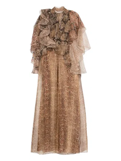 Zimmermann Ruffle-trimmed Snake-print Dress In Brown