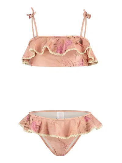Zimmermann Kids' Ruffled Floral Print Bikini In Neutral