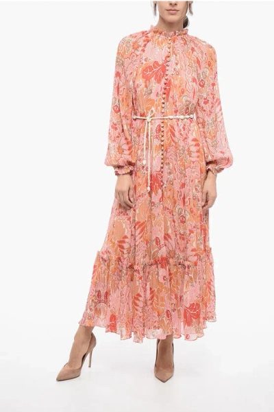 Zimmermann Ruffled Maxi Dress With Shell Belt In Pink