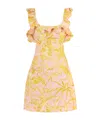 Zimmermann Golden Bow-detailed Open-back Ruffled Floral-print Linen Mini Dress In Yellow