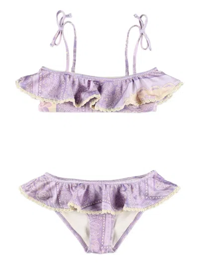 Zimmermann Kids' Ruffled Paisley-print Bikini In Purple