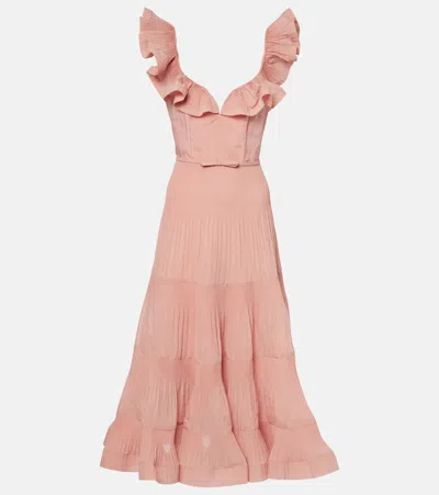 Zimmermann Ruffled Pleated Midi Dress In Pink