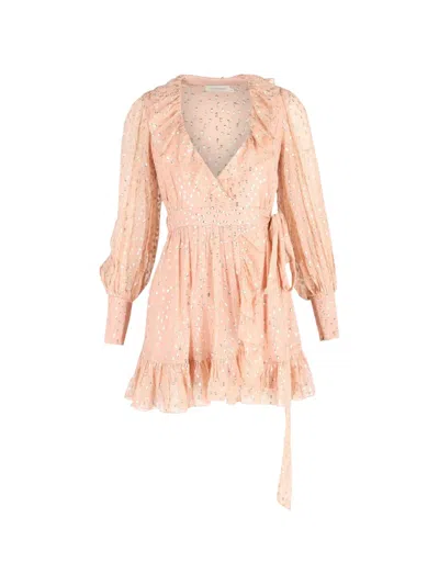 Pre-owned Zimmermann Ruffled Polka-dots Mini Dress In Pink
