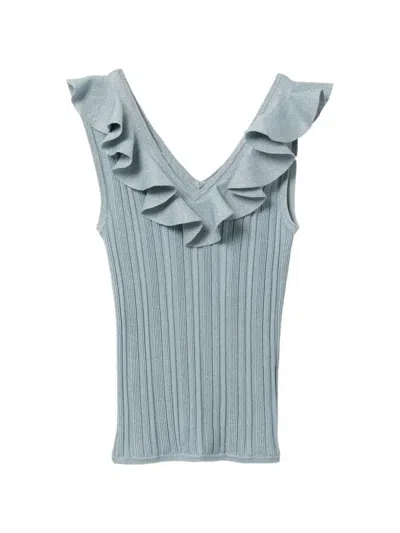 Zimmermann Ruffled Ribbed-knit Top In Blue