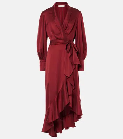 Zimmermann Ruffled Silk Satin Wrap Dress In Red