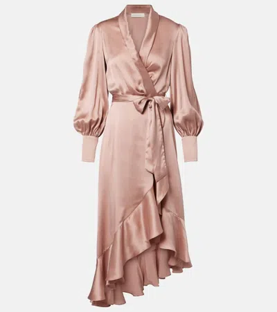 Zimmermann Ruffled Silk Satin Wrap Dress In Pink