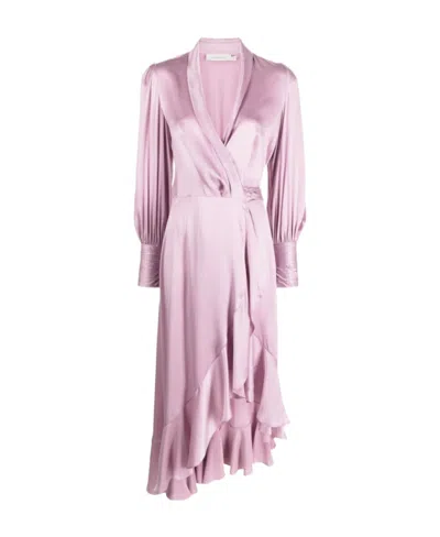 Zimmermann Long-sleeve Wrap Silk Midi Dress In Pink