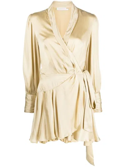 Zimmermann Ruffled Silk Wrap Minidress In Nude