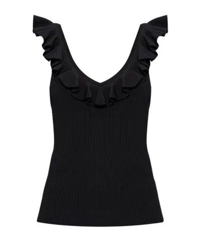 Zimmermann Awaken Ruffled Ribbed-knit Top In Black