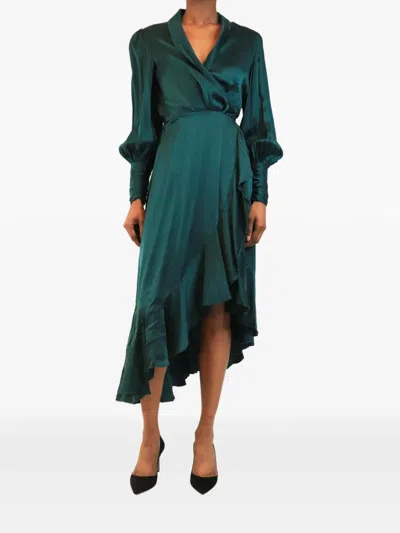 Pre-owned Zimmermann Ruffle-trim Wrap Asymmetric Dress In Green