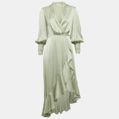 Zimmermann Sage Green Satin Asymmetric Ruffled Wrap Dress