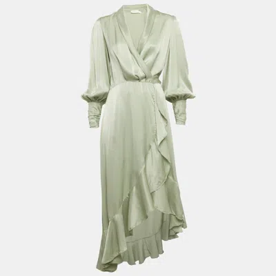 Pre-owned Zimmermann Sage Green Satin Asymmetric Ruffled Wrap Dress M