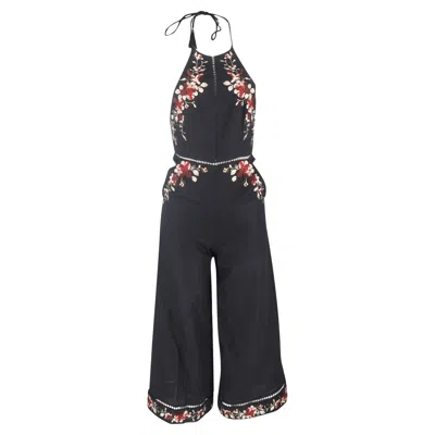 Zimmermann Sakura Embroidered Halter Neck Jumpsuit In Black Linen