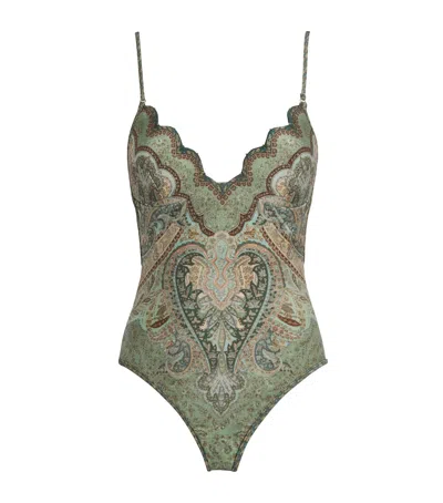 Zimmermann Scallop-detail Wanderlust Swimsuit In Green