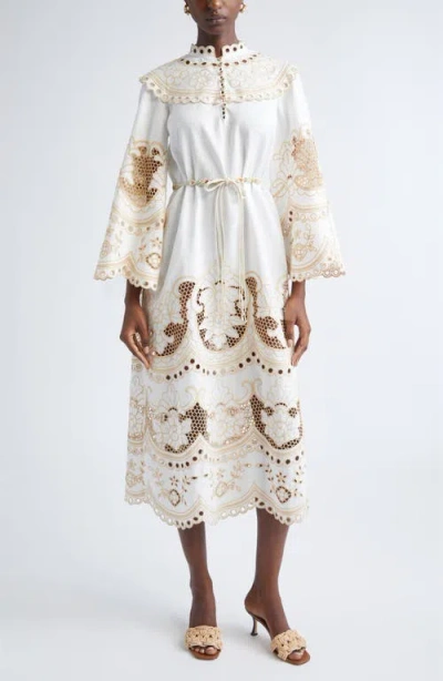 Zimmermann Scalloped Eyelet Trim Belted Linen Midi Dress In White