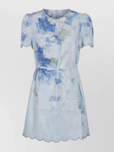 Zimmermann Crush Belted Crystal-embellished Scalloped Floral-print Linen Mini Dress In Blue