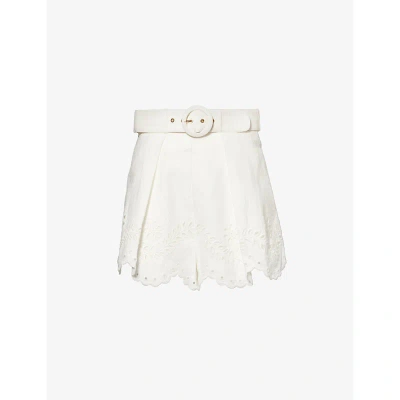 Zimmermann Womens Ivory Scalloped-trim Embroidered-panel High-rise Linen Shorts