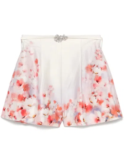 Zimmermann Red Low Waist Floral Silk And Cotton Shorts In Neutral