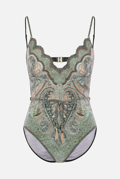 Zimmermann Wanderlust Belted Embellished Scalloped Printed Swimsuit In Green